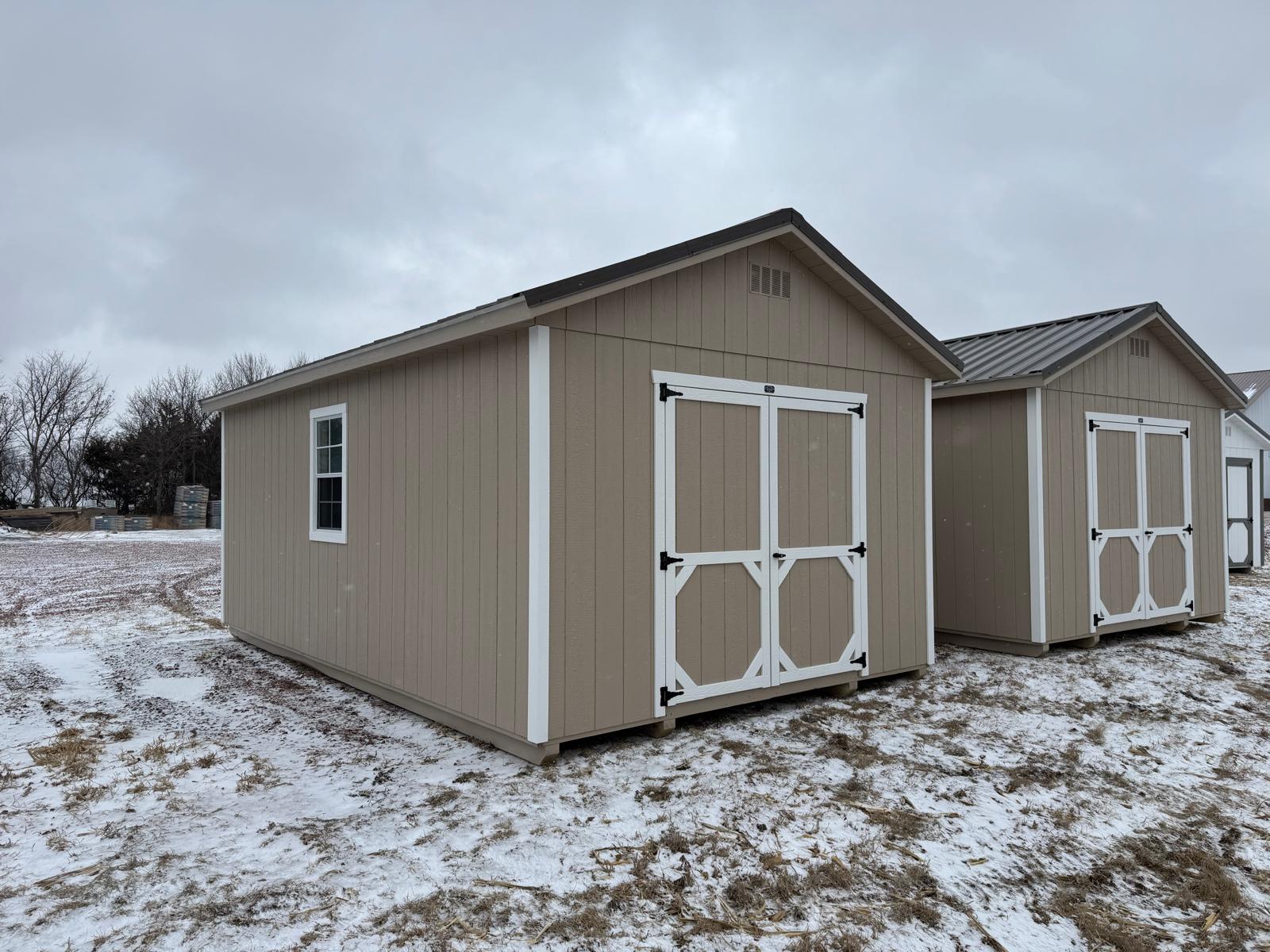 12x20 Light Clay (Taupe) shed with burnished slate steel metal roof for sale in SD