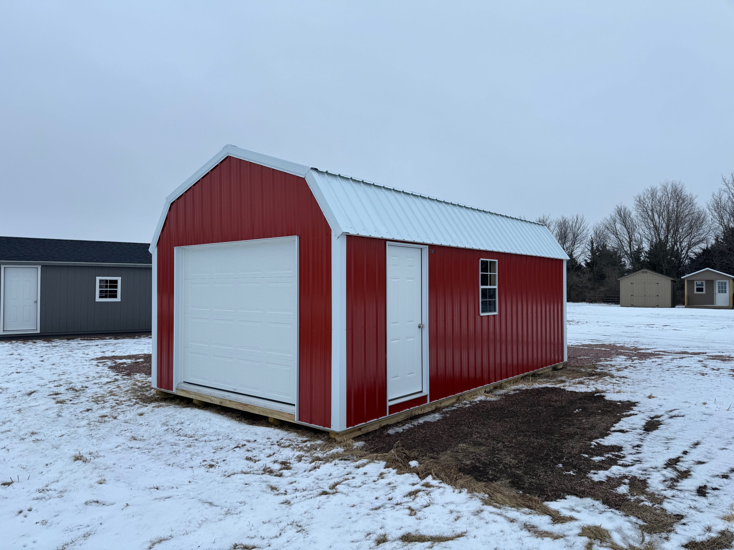 12x20 Red-Barn High barn Metal Garage with white garage door, side door, and white steel metal roofing
