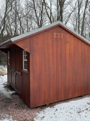 Mahogany Stained Quaker shed in shed lot
