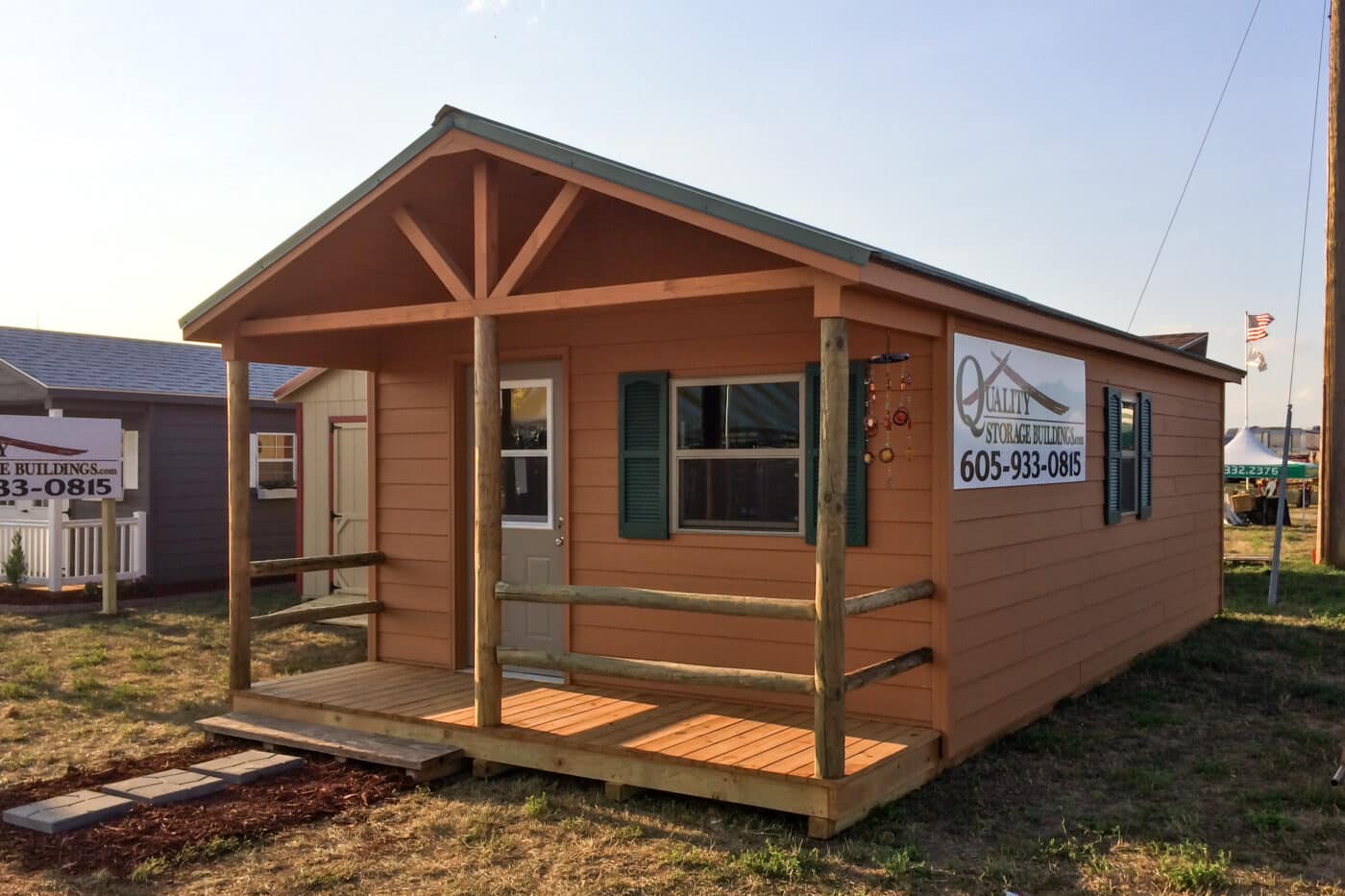 Brown stain log side a-frame prefab cabins with end porch
