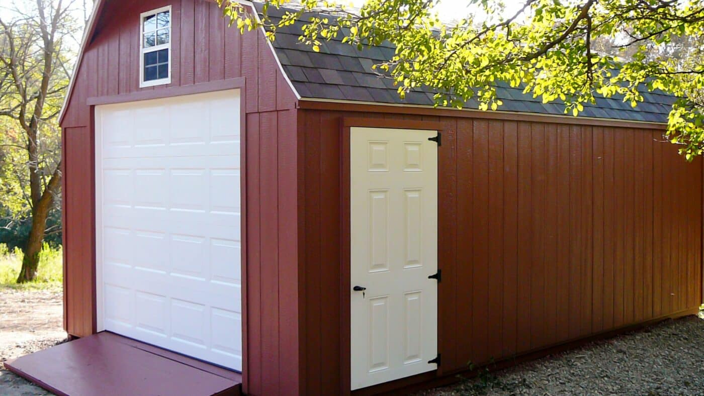 Red High Barn detached garage with ramp