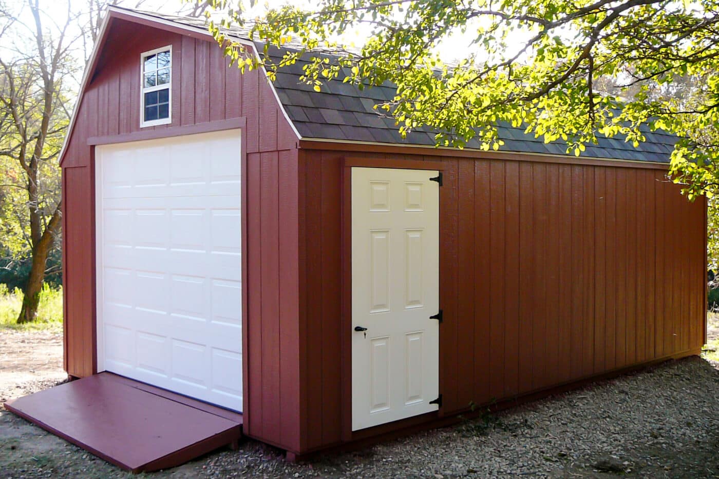 Red High Barn detached garage with ramp