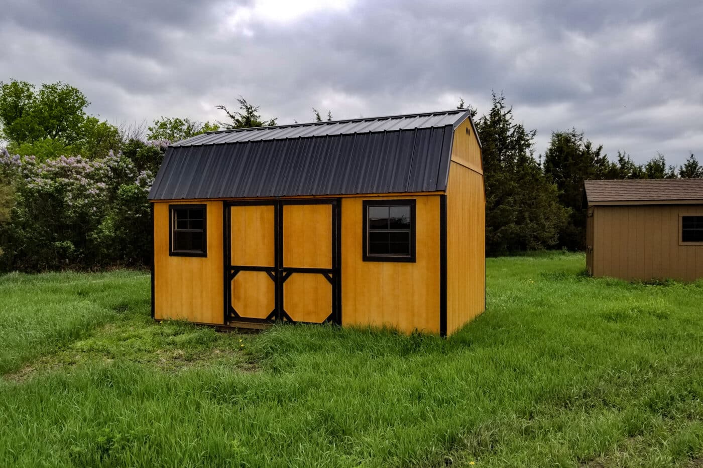 Tan High Barn shed with black roof in field