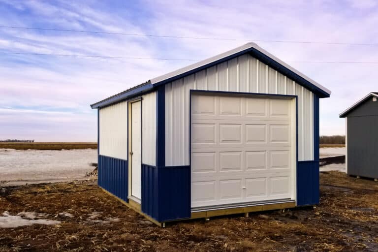 White and blue trim a-frame detached garage