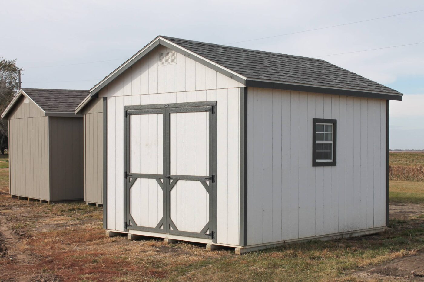 White 12x16 storage shed