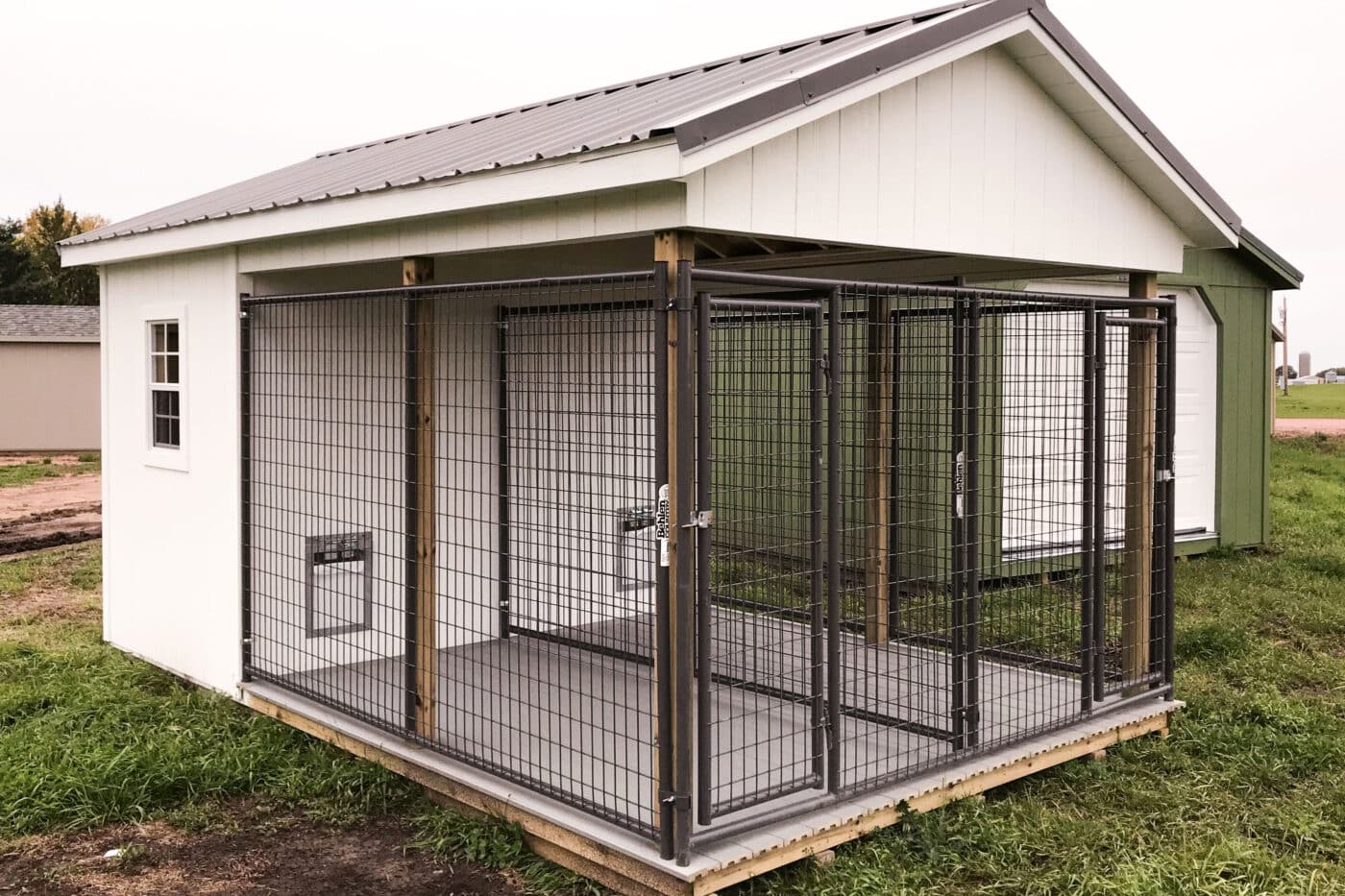 White Dog Kennel Shed with double run wooden dog kennels